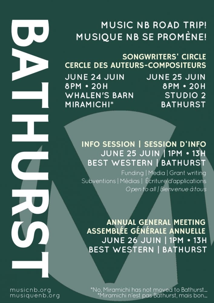 The city of Bathurst hosts the 2016 Music Musique NB AGM June 24th to 26th, 2016. The weekend includes two songwriters' circles, one taking place in Miramichi, a series of free information sessions about the music industry, and the Annual General Meeting (AGM).