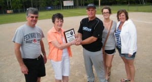 Jays Captain, Jim Arsenault receives the Championship Plaque from members of the Blacquier Family (Raymond & Eleanor Blacquier, Jenna & Sherri Lynn McKnight)