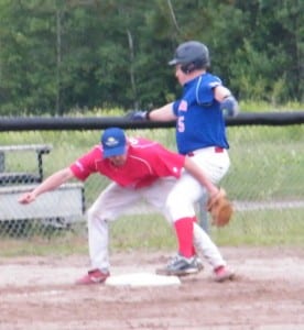 Another close play at third, this time with Sox' third baseman Jake Nicholson trying to make the tag on Rangers' pitcher Keith Sullivan.