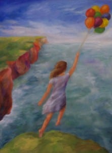 The Leap: It's a figurative interpretation of pursuing a career in visual art, which often feels like jumping off a cliff - you hope that the dream is large enough, that the water is always too far away. With its saturated and colourful hues, the painting is hopeful, even as her toes leave the precipice.